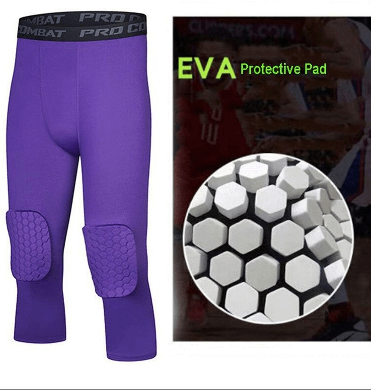Purple sports elastic leggings with integrated knee pads, featuring EVA protective pad for comfort and safety during exercise.